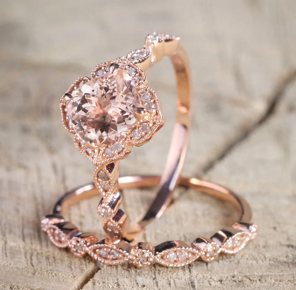 

2018 Luxury Plated Rose Gold Ring Set Women Fashion Jewelry Diamond Wedding Ring Set, White zircon