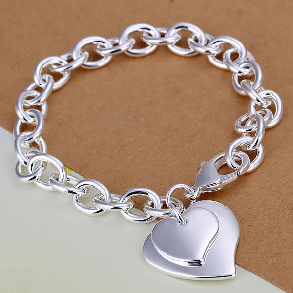 

wholesale silver Fashion bracelet/bangle Jewelry trendy women double heart charm bracelets Free shipping, N/a