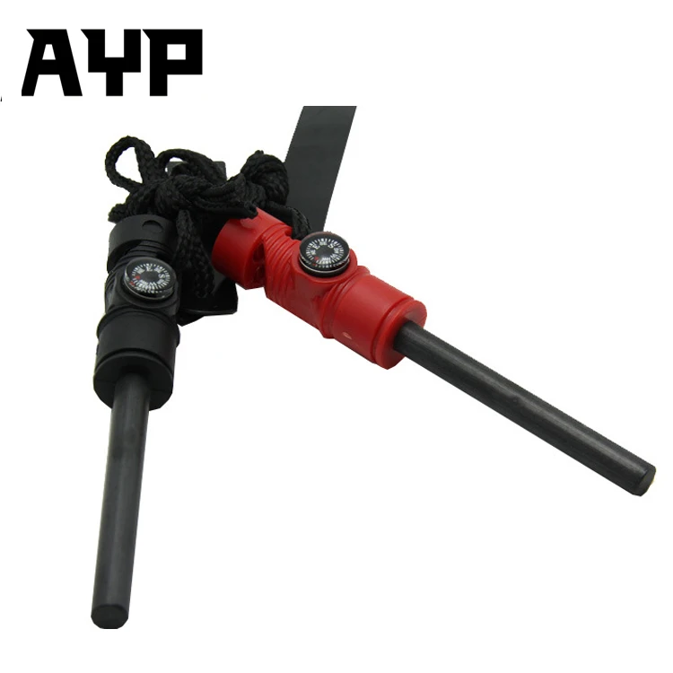 

New Super 5 in 1 Magnesium Fire Starter Compass Whistle For Camping Hiking, Black / red