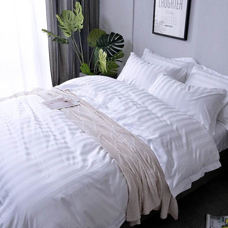 300TC 100% Cotton Bedding Set 3cm Satin Stripe Bed Sheet Set/ Used Hotel Bedding