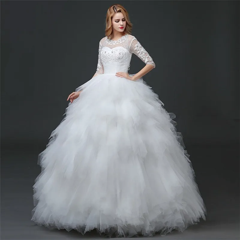 

2019 Vestidos De Novia Silhouette illusion half sleeves beaded multi layered bridal Wedding dress ball gowns