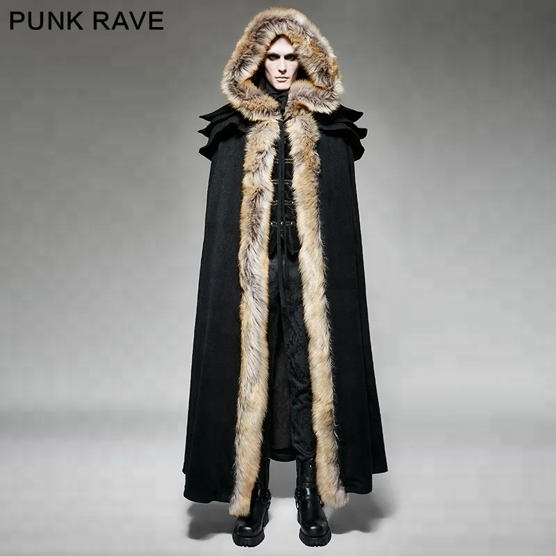 

Y-673 Punk Rave Gothic Men's Black overbearing winter long cloak men fur coats