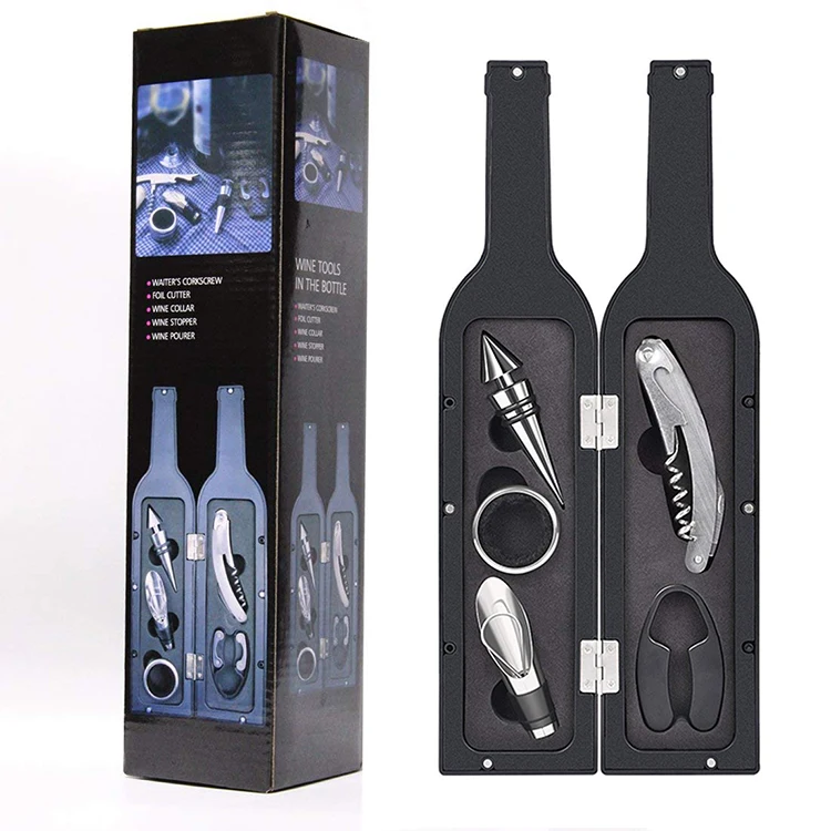 

5 Piece Wine Gift Set Wine Bottle Shaped Tool Set Wine Bottle Corkscrew Opener Kit Gift Accessory, Black