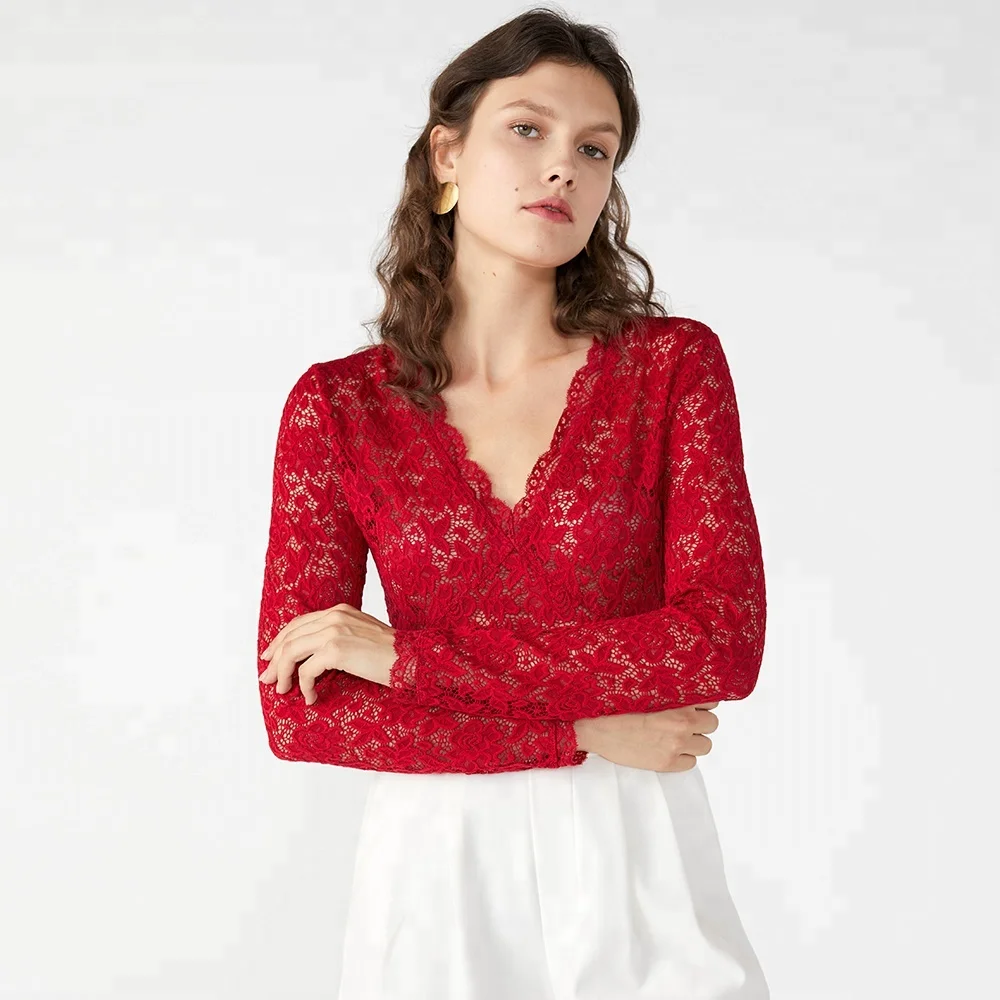 

Black Lace Latest Neck Designs V Neck Sexy Fashion Autumn Blouse Women Clothes, Red