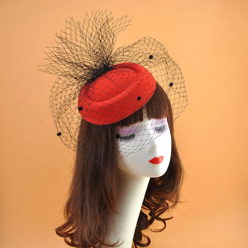 

Wholesale European Hair Accessories Black Veil Hat Women Vintage Woolen Dinner Party Hair Accessories