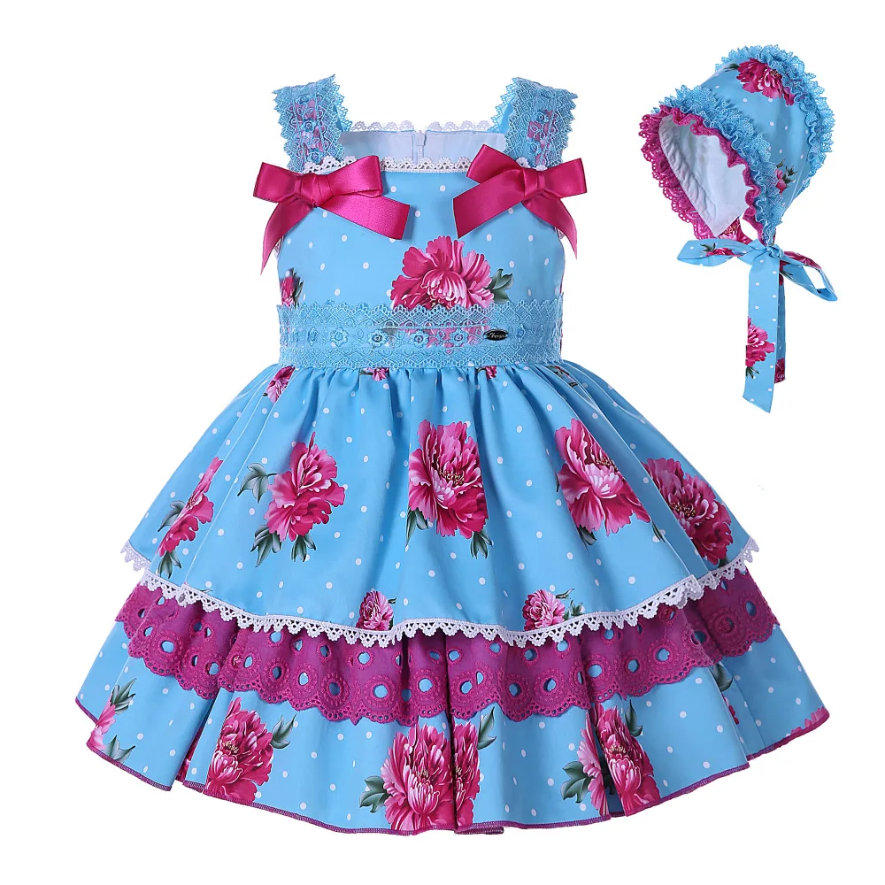 

2022 OEM Pettigirl knee-length royal blue children floral dresses with headband Wholesale