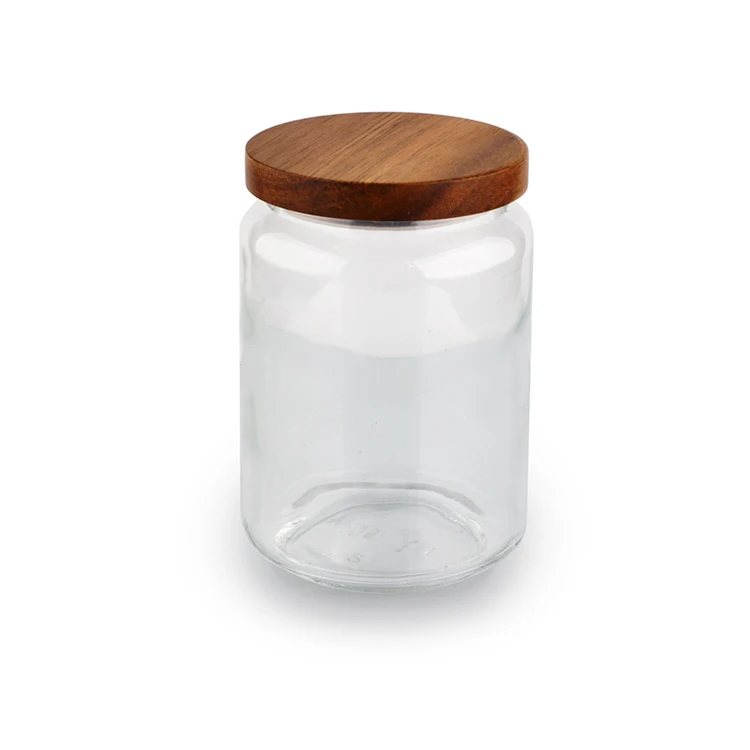 Free Sample 950ml Clear Round Food Storage Airtight Wood Lid Glass Jar ...