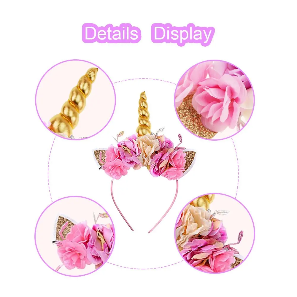 Free Shipping Kids Sequin Cat Ear Floral Headband Gold Unicorn Horn