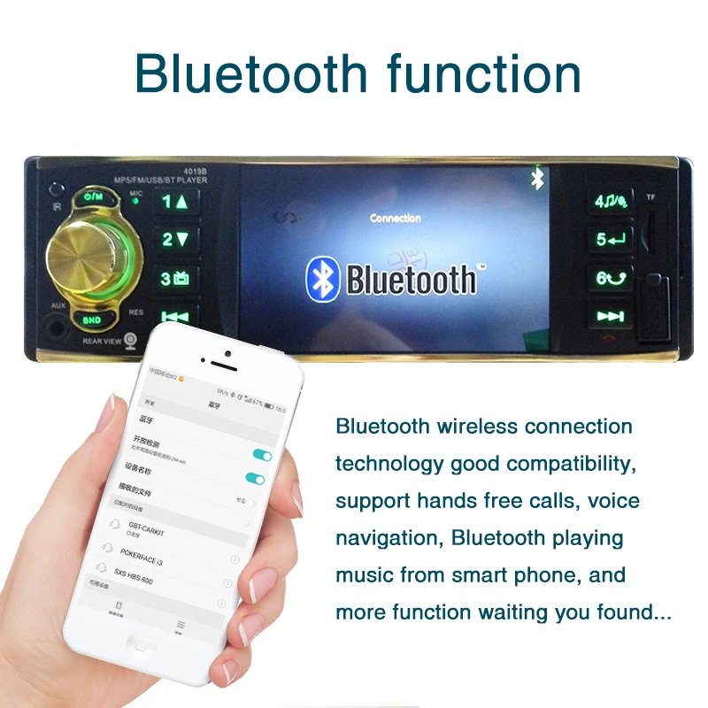 12V 4019B 1 One Din MP3 player Car Radio Audio Stereo USB AUX FM Radio Station Bluetooth with Rearview Camera Remote Control