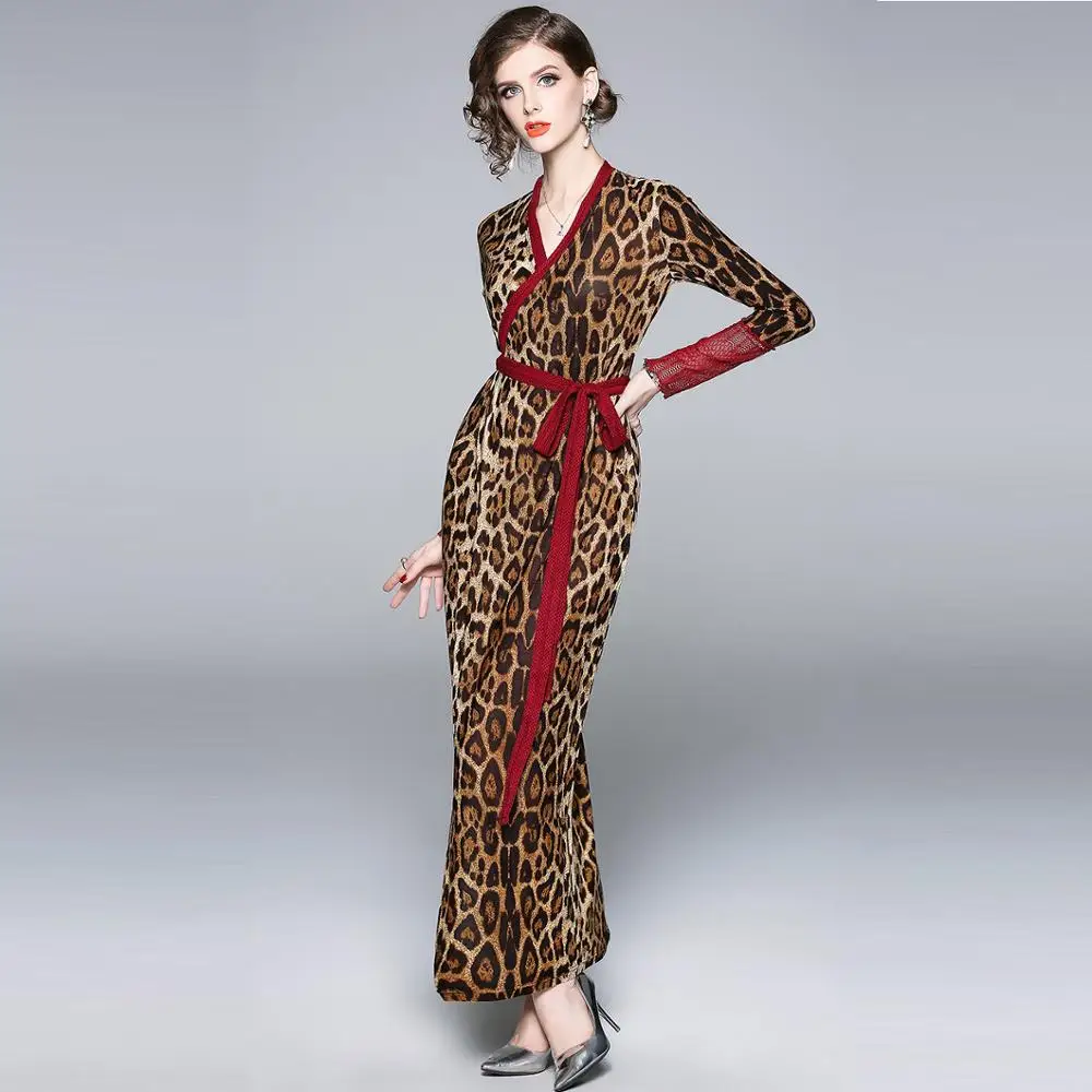

popular leopard dress 2019 spring summer women ankle length sexy dress with belt