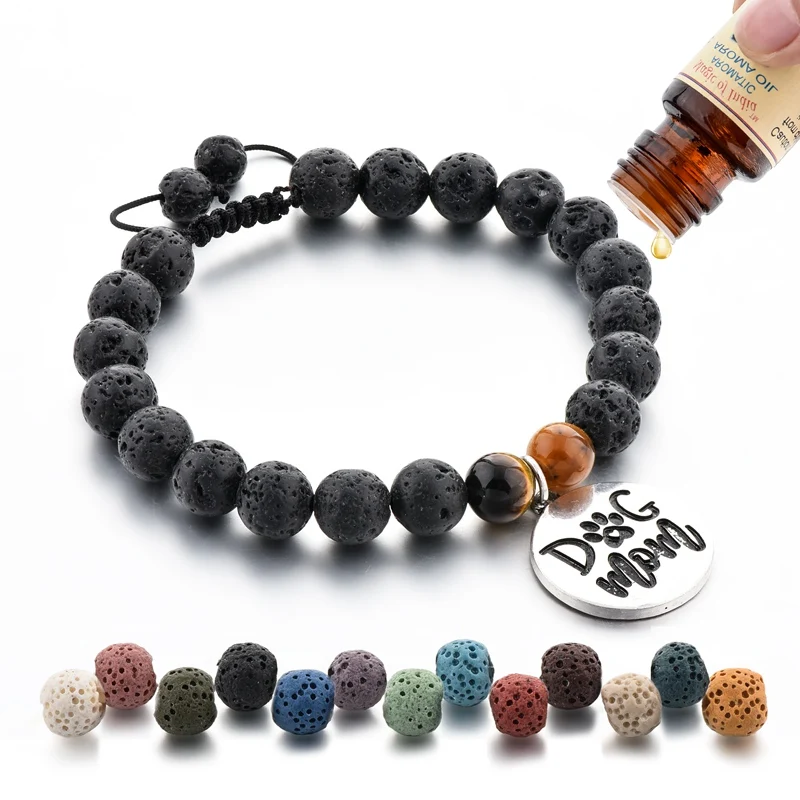 

Luxury Handmade Adjustable Silver Dog Paw Lovers Mom Charm Lava Stone Dog Bracelet, As picture