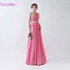 100% Real Sample A-Line Beads Skin Pink Chiffon Prom Dresses 2018 Wholesale One shoulder Cheap Long Prom Gowns