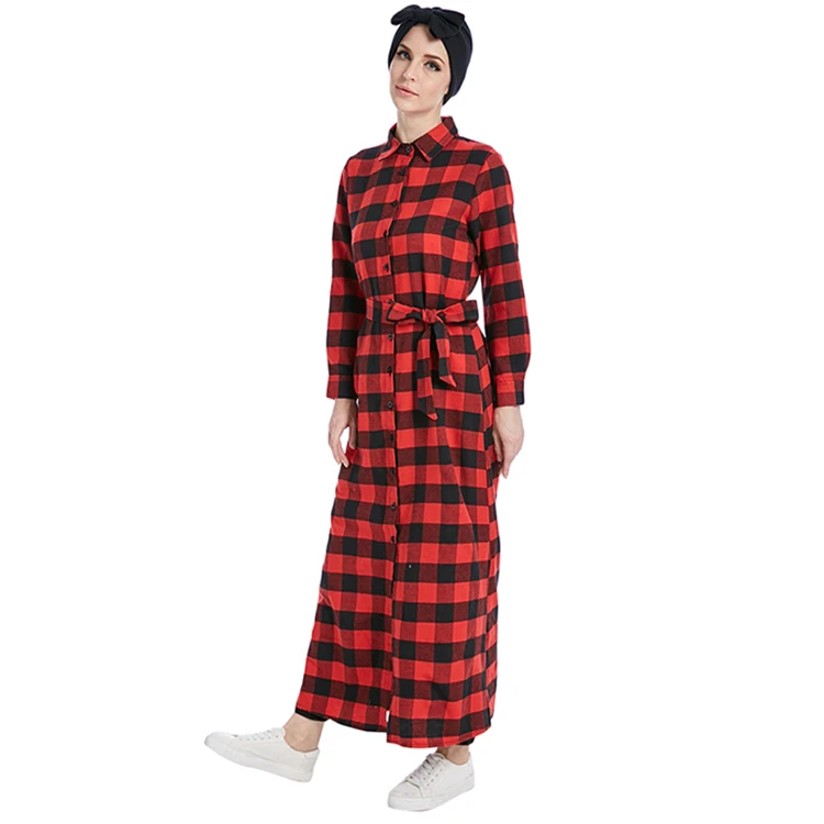 

2018 muslim young lady fashion plaid jacket cotton button front maxi long cardigan, Black red plaid