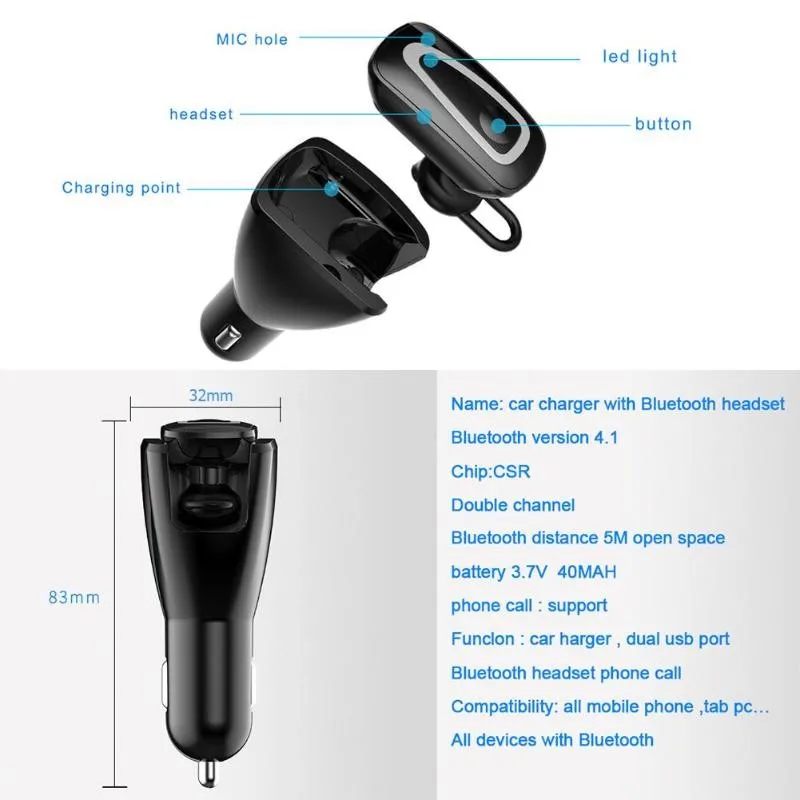 Portable Wireless Bluetooth Handsfree Headset 2in1Car Charger Magnetic and USB car charger with earphone headphone - ANKUX.COM
