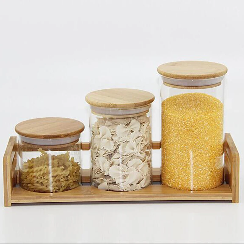 High borosilicate glass storage seal pot with wooden lid