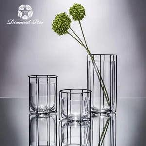 Image of factory handblown set of three decoration candle clear wedding bud glass vase with metal stand