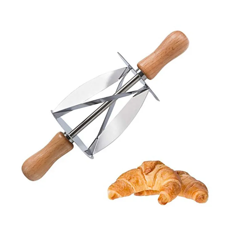 

Top Seller New Baking Tool Stainless Steel Croissant Roller Cutter With Wooden Handle Kitchen Making Pastry Bread Tools