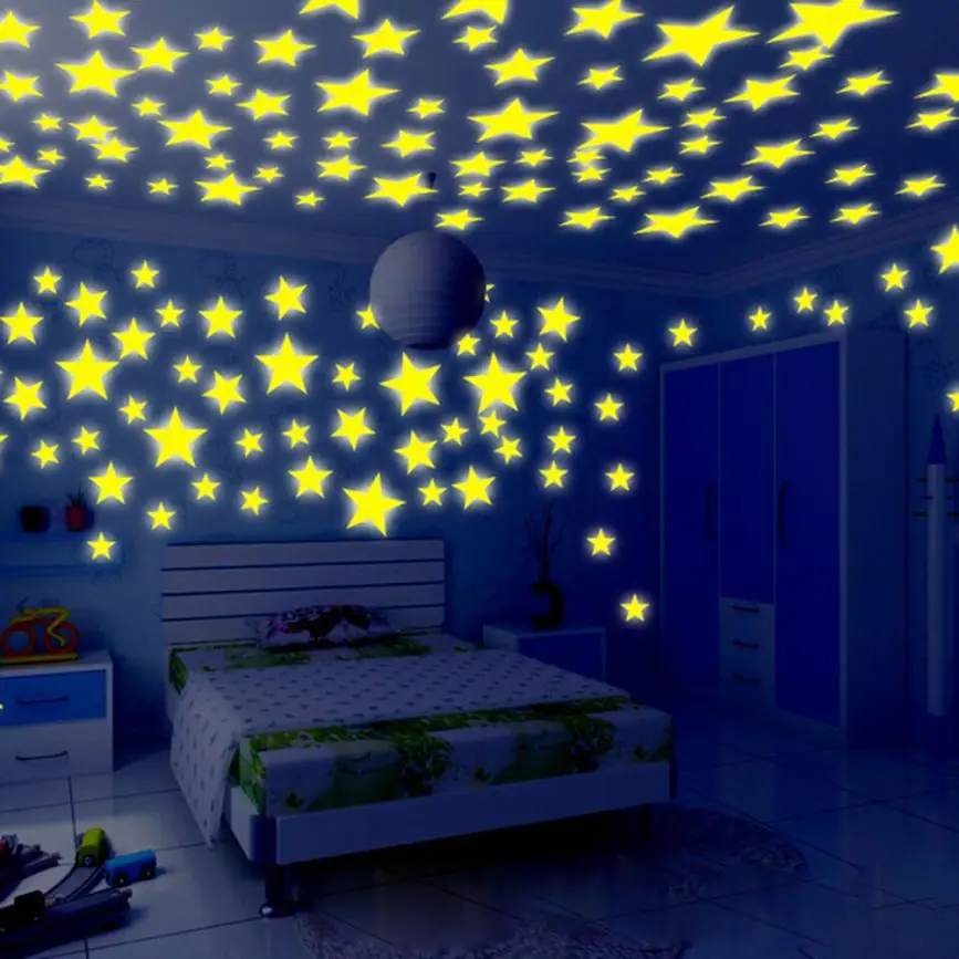 

100PC Kids Bedroom Fluorescent Glow In The Dark Stars Glow Wall Stickers Stars Luminous luminous glow sticker color 8.13