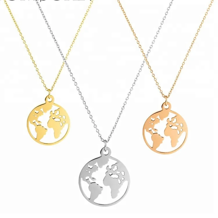 

Latest Style High Quality stainless steel round world map Necklace pendant, Gold;silver;rose gold