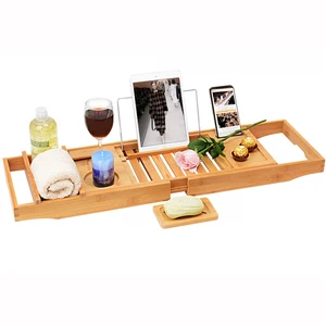 Image of Clawfoot Tub Shelf Desk Board Handmade Bamboo Bath Caddy Tray