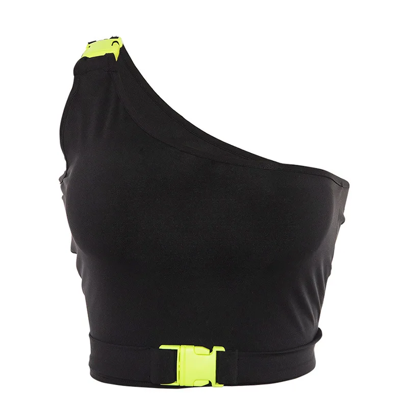 

women fashion sexy one shoulder crop tank top with button girls workout street short sleeveless tank bra camis tees