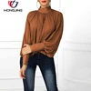 lady casual High Neckline Lantern Sleeve Wide Cuff Ruched Blouse back button closure long sleeve straight hem holiday evening