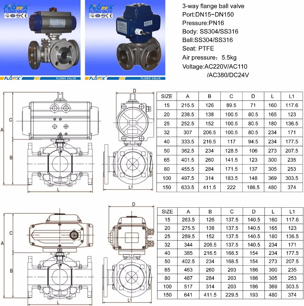 DN25 DN50 DN65 DN 100 floating type stainless steel 3way flanged pneumatic electric actuated ball valve