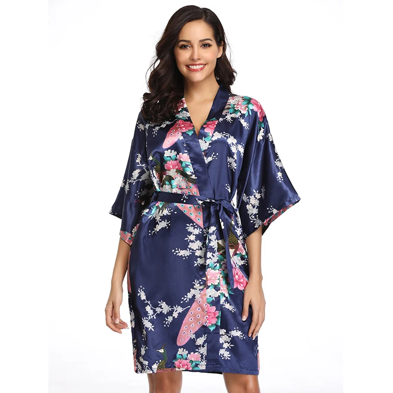 

New In Stock Low MOQ ODM Three Color Floral Chinese Kimono Robe, Blue chinese kimono robe