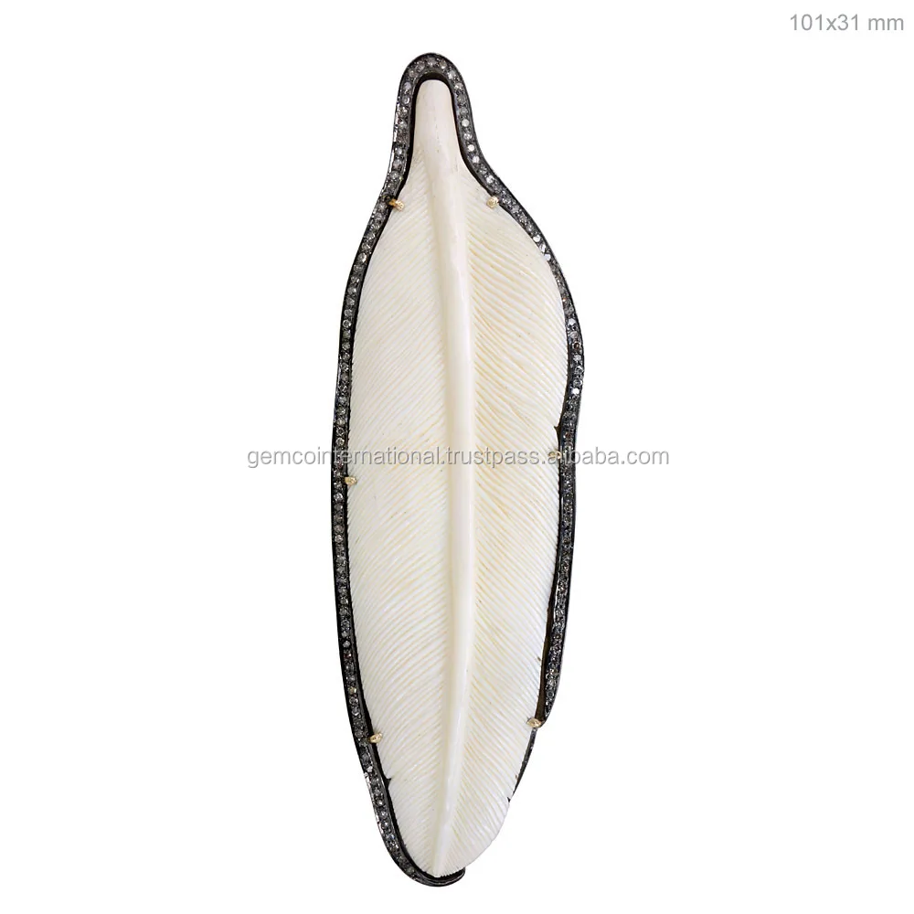 Bone Carving Feather Pendant Gold Diamond 925 Sterling Silver Pendant Jewelry Supplies