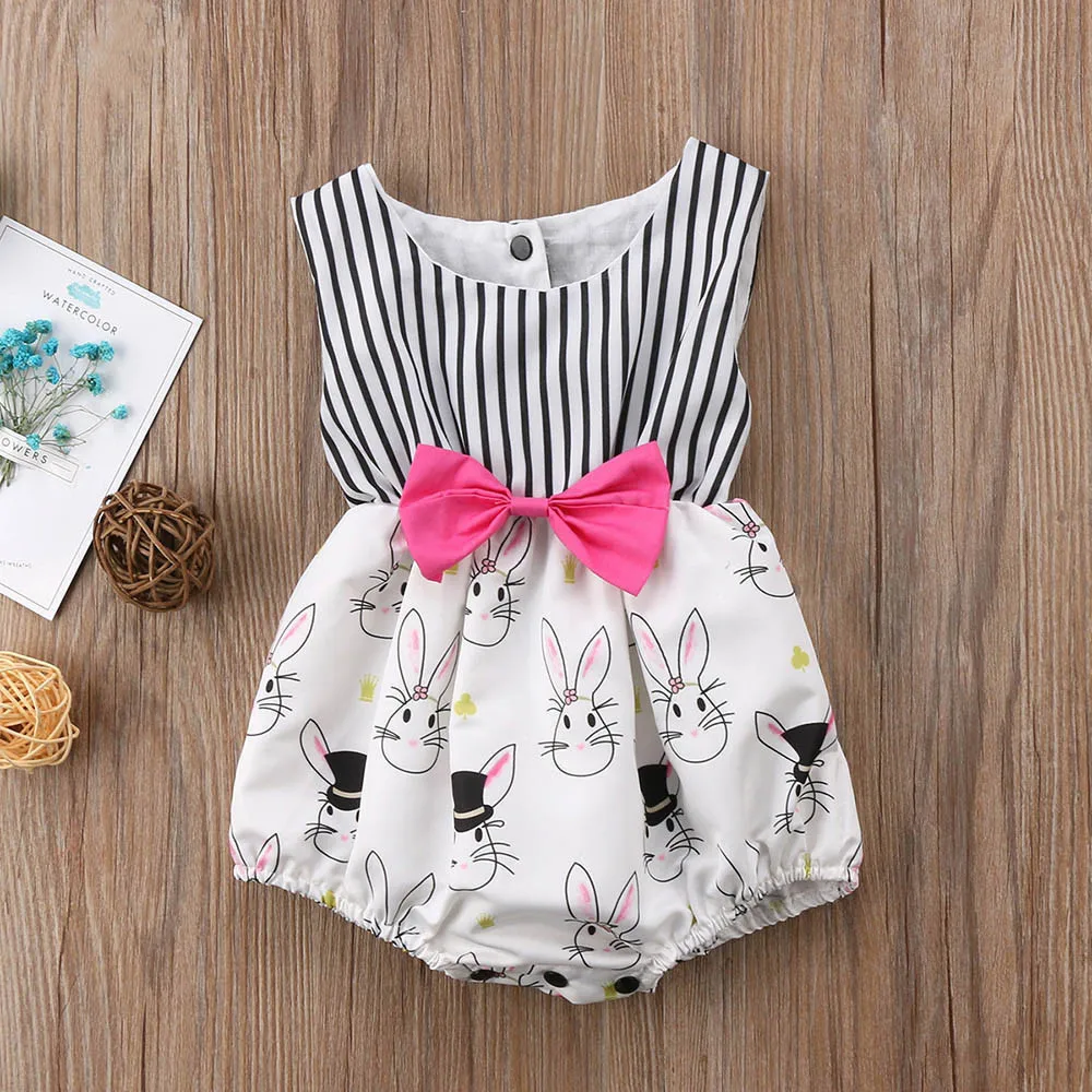 

Adorable Newborn Baby Girls Bow Stripes Jumpsuit Cute Rabbits Rompers Clothes Outfits Summer Sunsuit Baby Clothing Bodysuits, As pictures