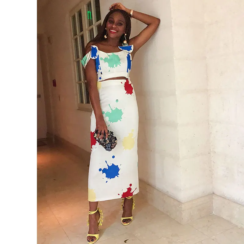 

Wholesale and Manufacture Casual Printed White Two-piece Bandage Skirt Set Woman