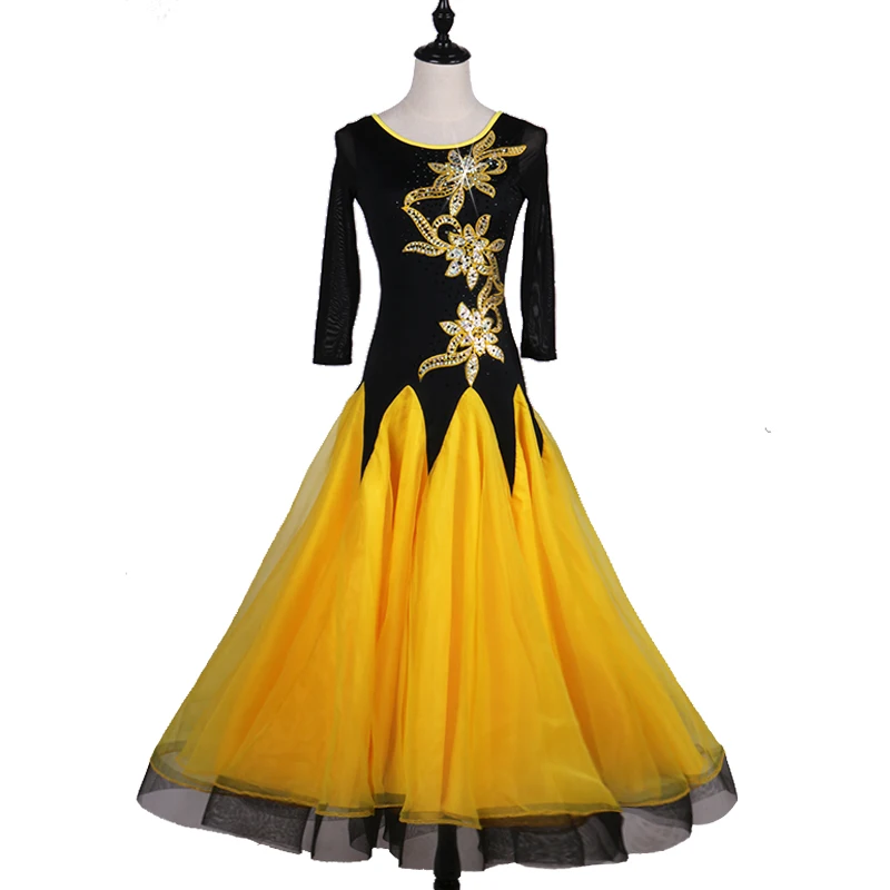 

Competition Waltz Women Modern High Quality Plus Size Applique Diamond Wear Evening Ballroom Dance Dress ZH4166, Black&yellow