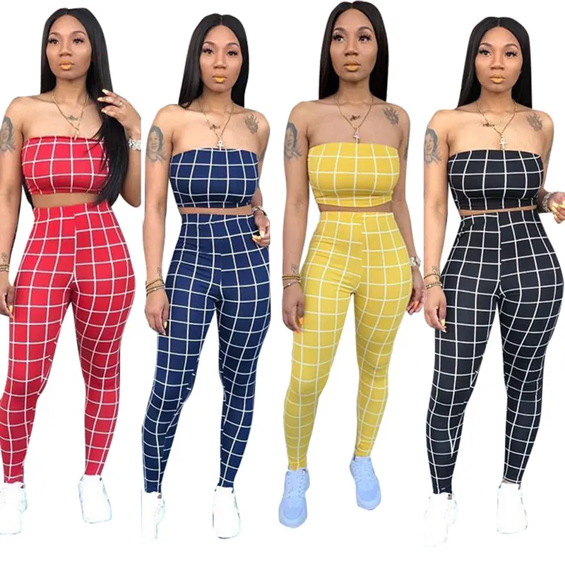 

90703-MX29 4 colors printing plaid tube sleeveless jumpsuit women