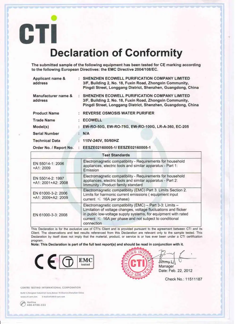CE EMC Certificate