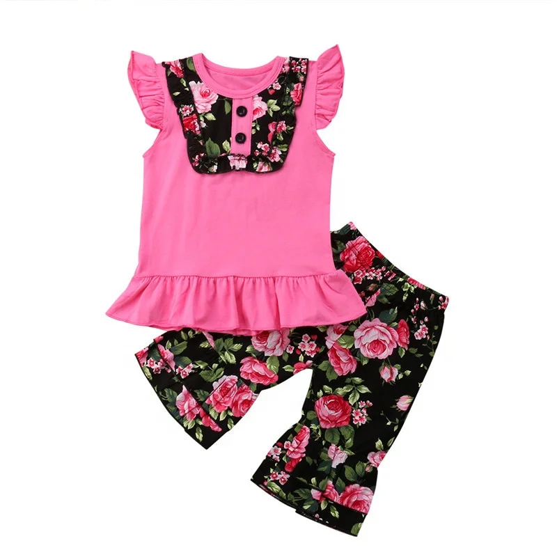 

Pink Large Print Of Peony Flowers Pink Shirt Children Best-Selling From 3-8Years Girls Wearing Summer Clothing Sets, As photo