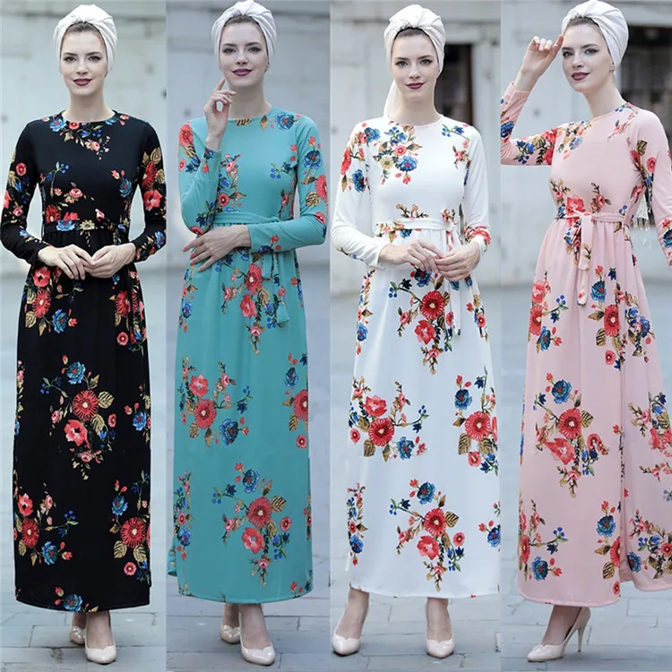 

2019 New arrival maxi islamic clothing high quality turkish kaftan muslim dress dubai abaya floral printing abaya, Pink,white,lake blue,black