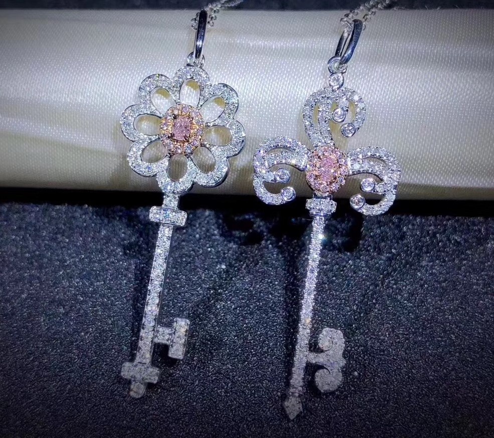 

18K Solid Gold Real Diamond Gold Key Necklace Pendant, Silver pink