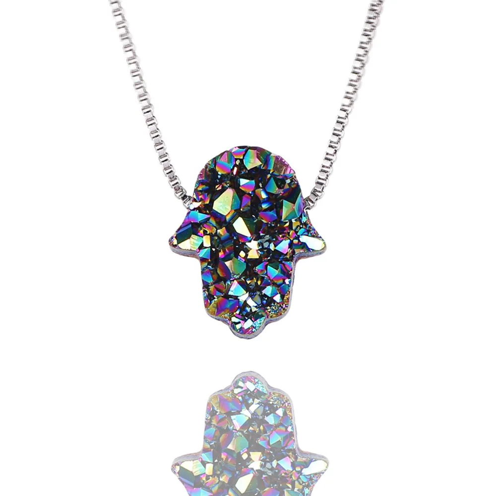 

Wholesale Fashion 925 Silver Chain Hamsa Shape Charms Natural Crystal Druzy Stone Fatima Hand Pendant Necklace for Women Jewelry, Blue/opal white/black/gold/silver/red colorful