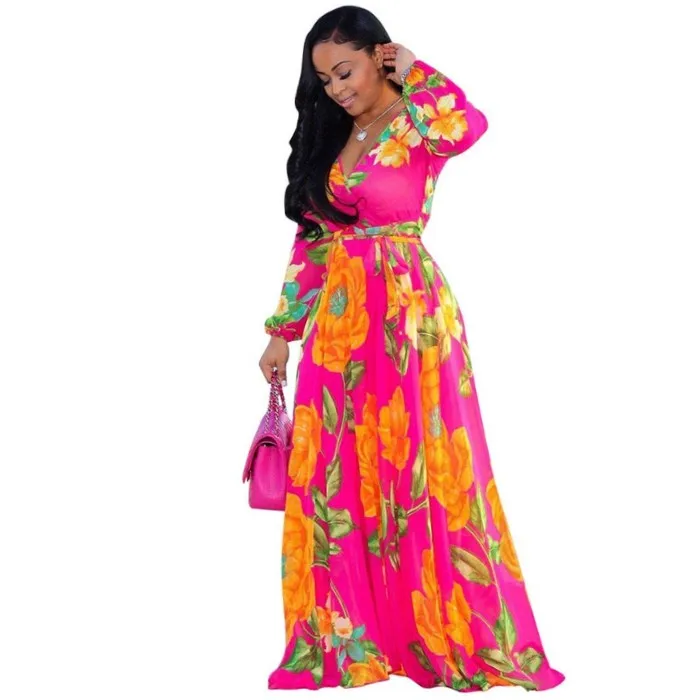 

Fashion Women Maxi Print Dresses Long Plus Size 3XL 4XL 5XL High Quality Summer Beach Wear Chiffon Woman Party Dress A484