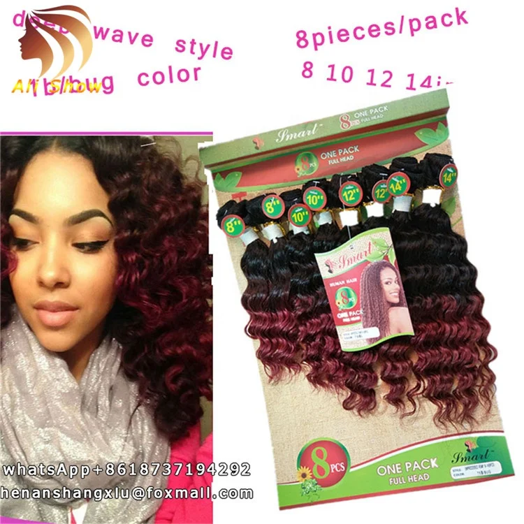 China Hair Weaves Company Sale Two Tone Ombre Colored Hair Weave Bundles,Deep Curly 8pc/Pack For One Head Human Burgundy Weaving, 1b 1b/27 1b/30 1b/bug