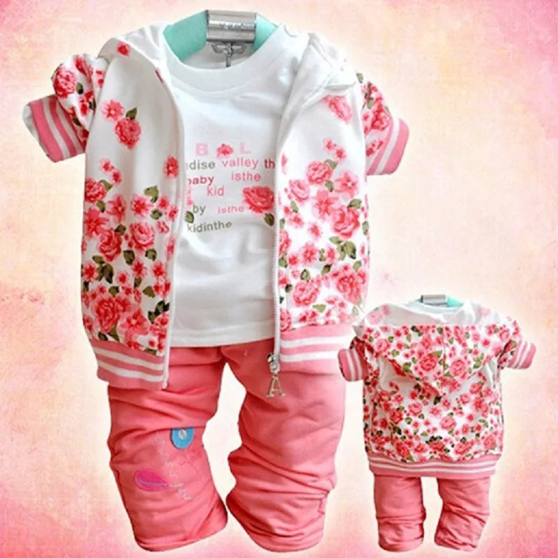 

New Style Children Winter Clothes 3pcs Sets Fashion Rose Printed Cotton Fall Outfits Wholesale, As shows