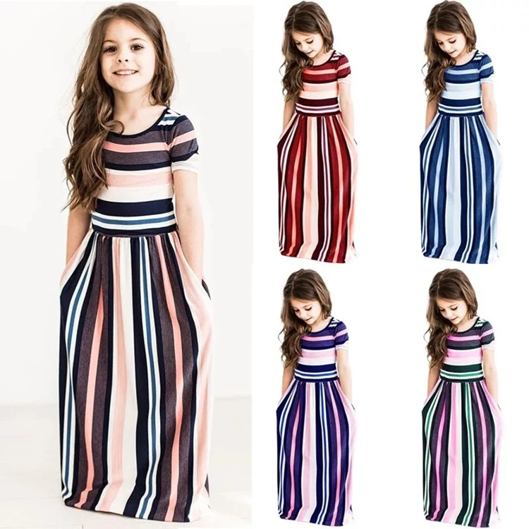 

Fashion colorful children stripe waistband casual party girl long dresses, Picture shows