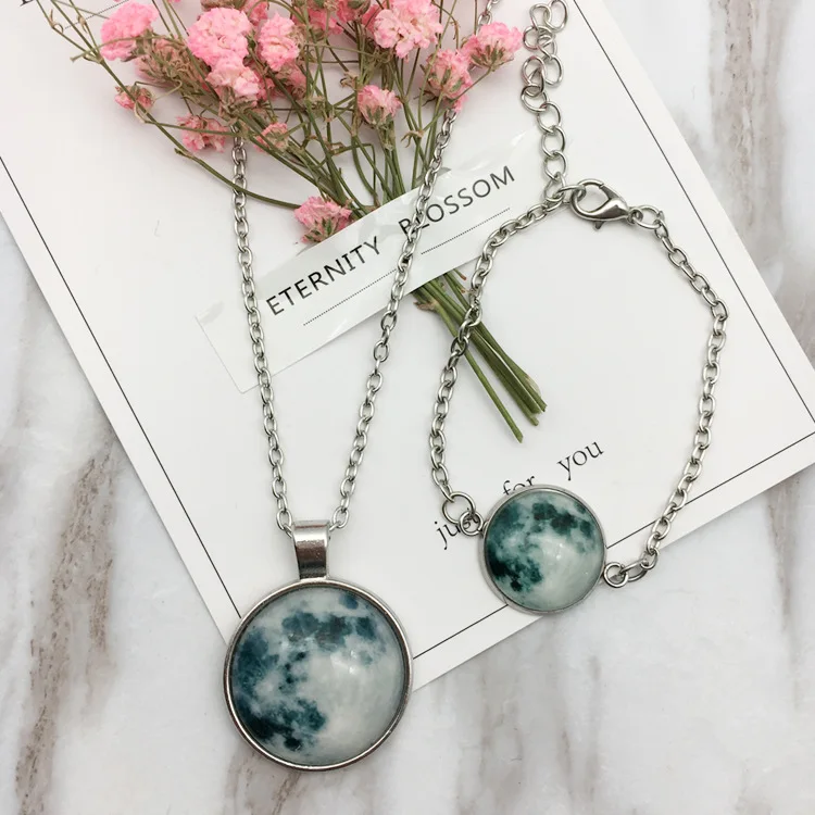

Galaxy Universe Moon Glass Cabochon Round Pendant Necklace Luminous Glow In Dark Necklaces, Picture