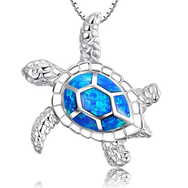 

Fashion Blue Imitati Opal Sea Turtle Pendant Necklace for Women Female Animal Wedding Ocean Beach Jewelry, Sliver,blue