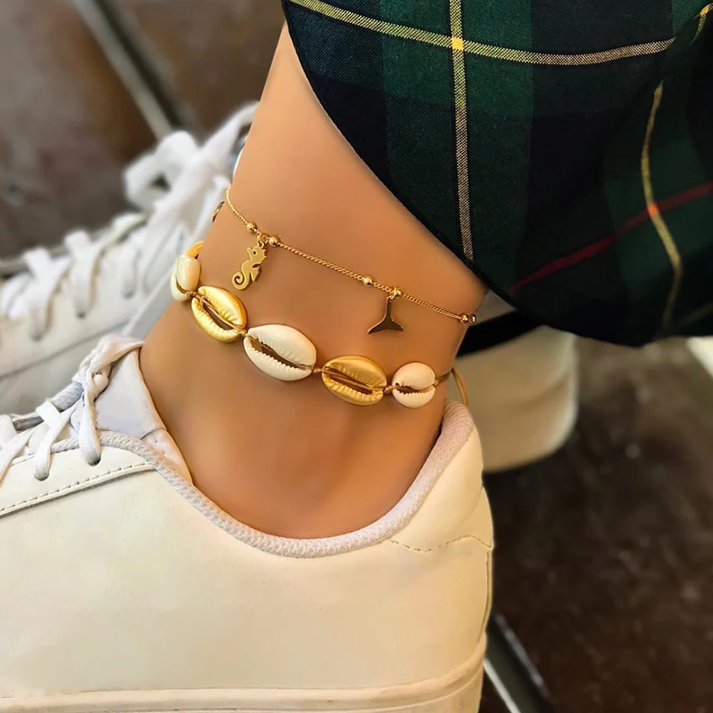 Sindlan New Arrivals Hot Summer 2 Layer Sea Beach Bohemian Natural Conch Woven Foot Jewelry Sea Shell Anklet