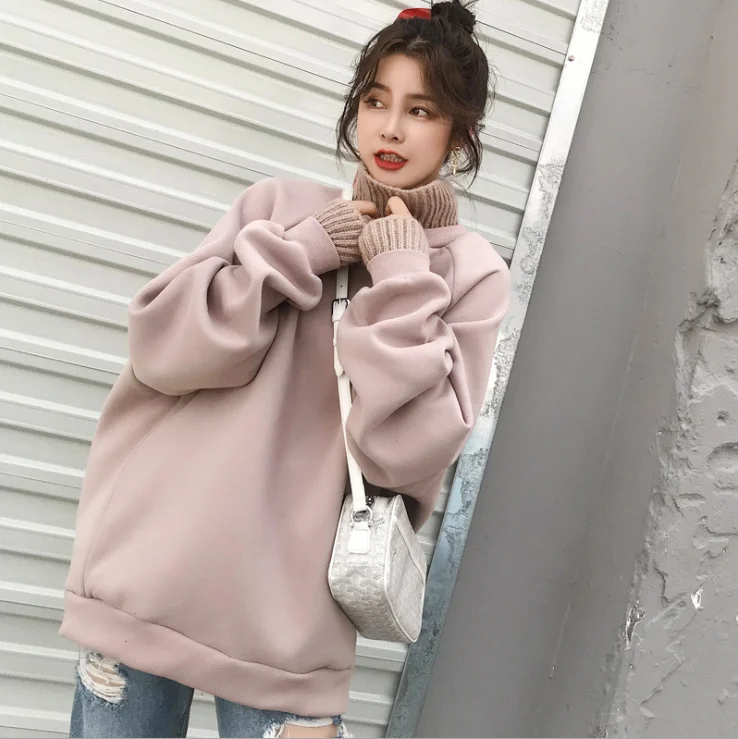 

2019 Large size autumn new wool stitching high collar fake two pieces plus velvet thickening pregnant women sweater GH2007