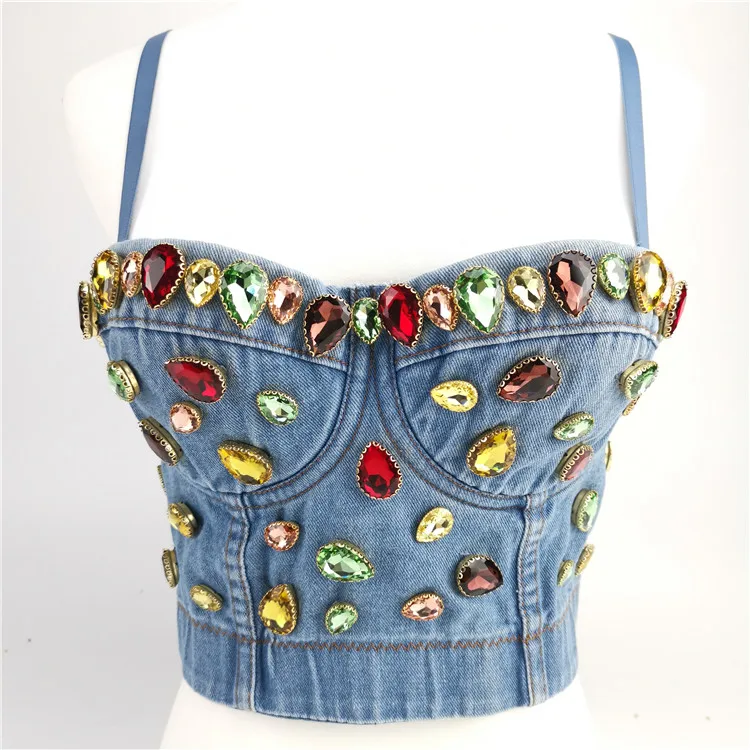 

Wholesale Custom Glass Beaded Stone Denim Halter Sexy Crop Top For Women