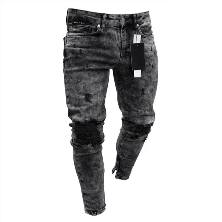 

Jeans men's tight grey jogging pants denim streetwear trousers damage garment stock Biker male Destroyed jeans