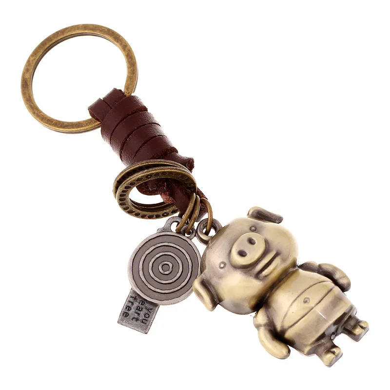 

Three-dimensional pig metal keychain with leather chain