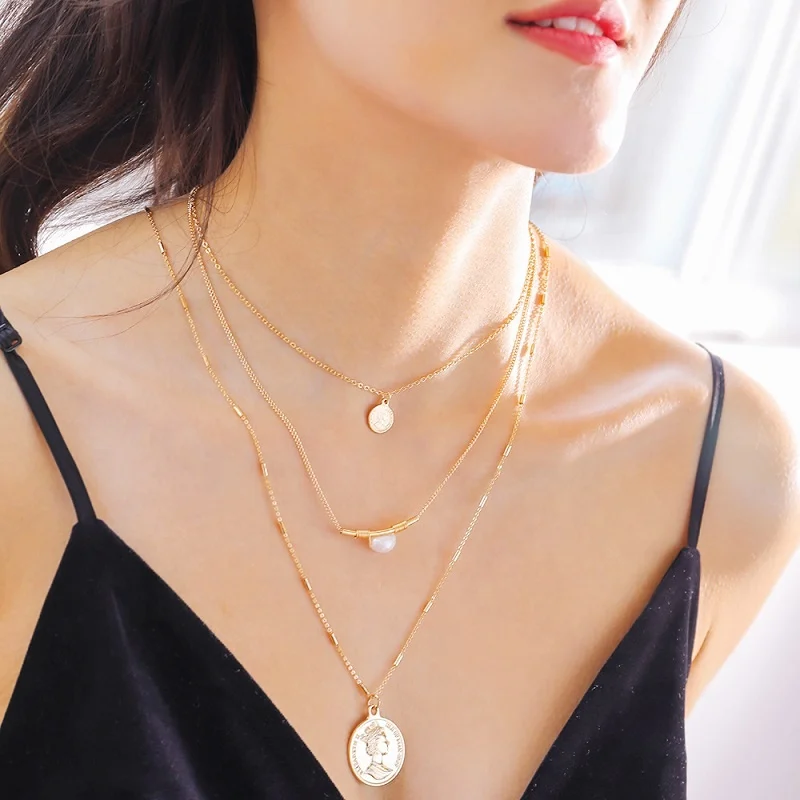 

multilayer necklace chain accessories retro coin necklace with tube and pearl
